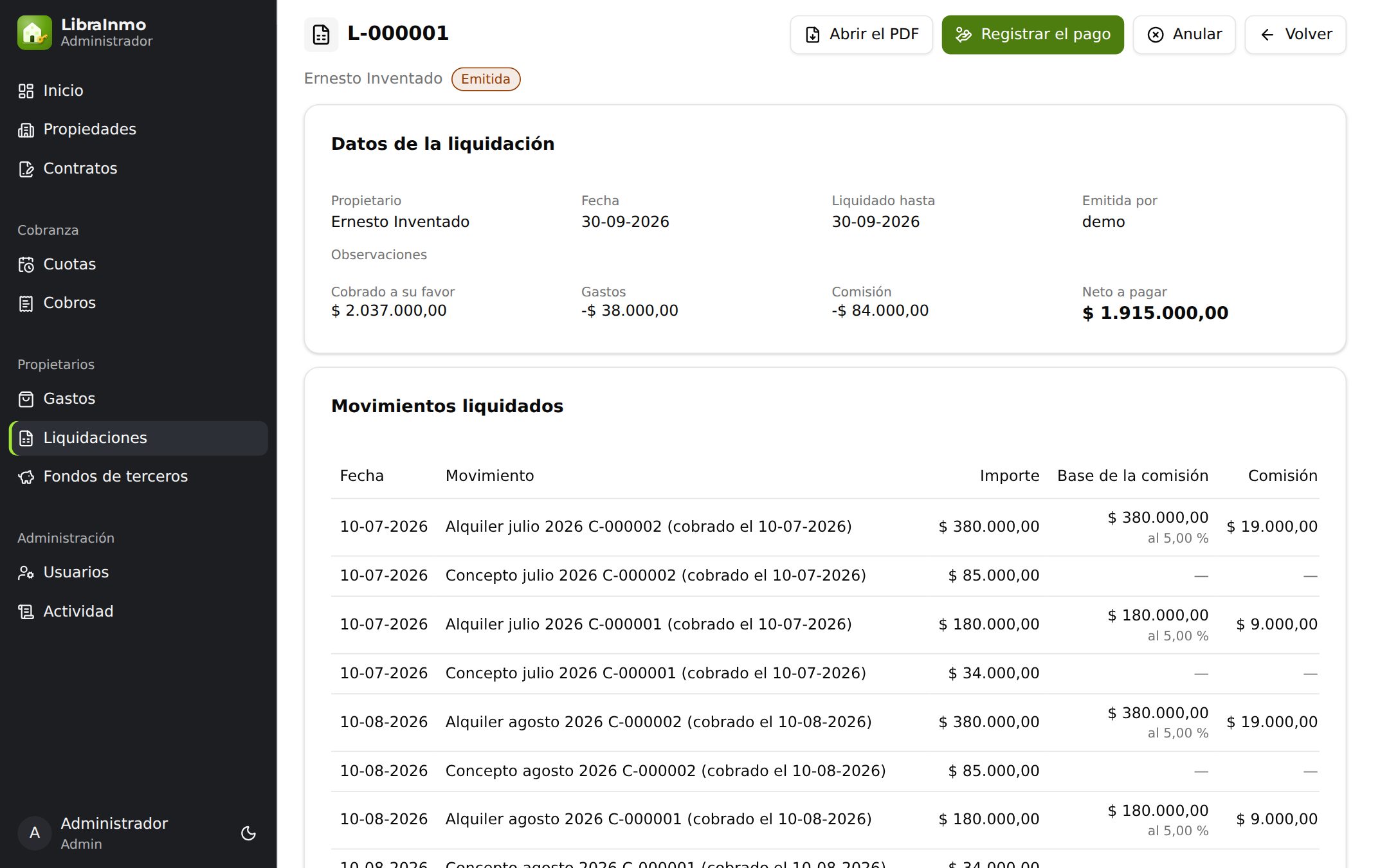 Liquidación de LibraInmo a un propietario: lo cobrado a su favor, los gastos, la comisión y el neto a pagar, con cada movimiento liquidado